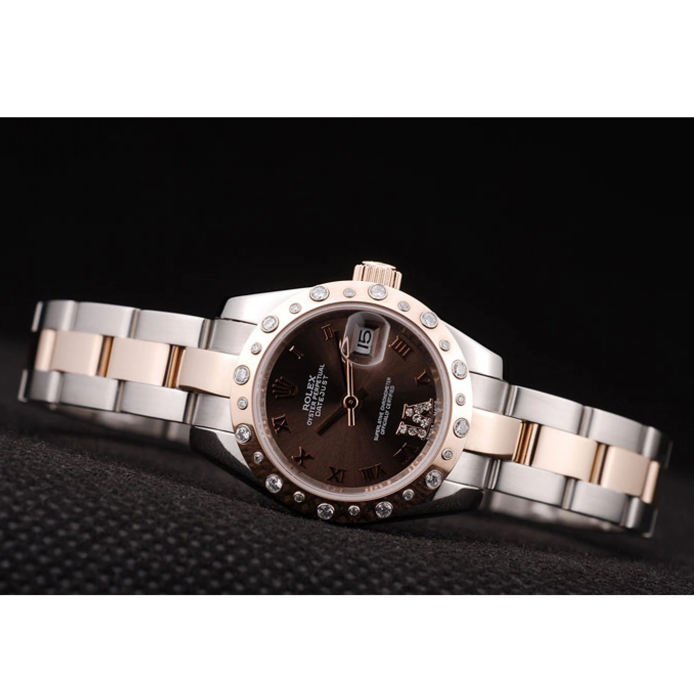 Aaa fake watches Case Brushed DateJust Diamond Plated Brown Stainless Dial Rolex Steel 0822